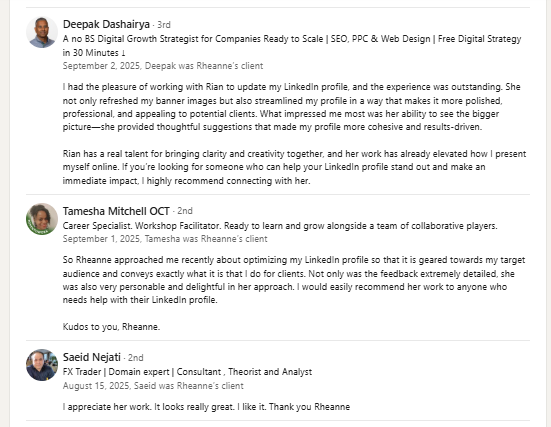 LinkedIn recommendations from Deepak Dashairya, Tamesha Mitchell OCT, and Saeid Nejati