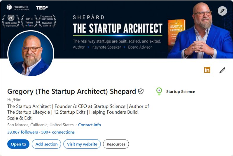 Gregory Shepard’s LinkedIn profile work, bringing together The Startup Architect, his book, founder track record, and speaking presence