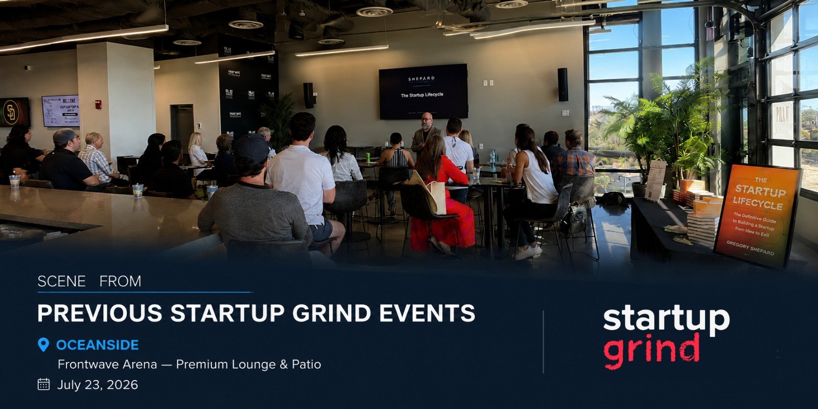 Gregory Shepard speaking to a Startup Grind audience at Frontwave Arena in Oceanside